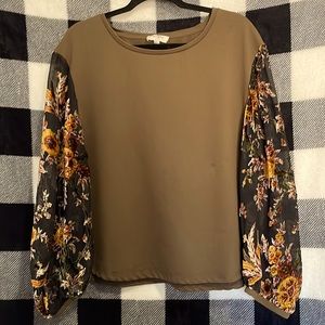 Olive green umgee shirt with a velvet floral design on black, sheer sleeves